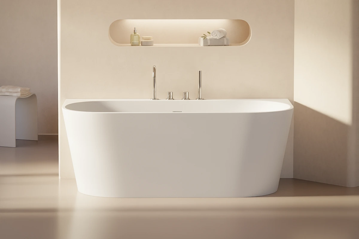 Baignoire murale, avec plhttps://www.masalledebain.com/odoo/product.template/316714#age de robinetterie, 160 ou170 cm, acrylique mat, Milos 