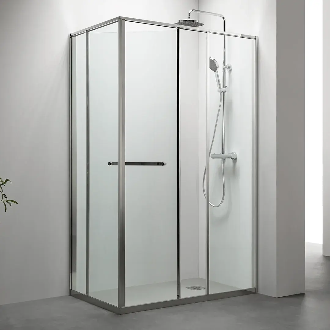 Cabine de douche d'angle Droite, grande ouverture intérieure, Chrome, Gratia 