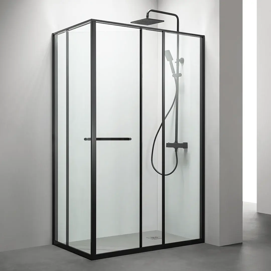 Cabine de douche d'angle Droite, grande ouverture intérieure, Noir mat, Gratia 