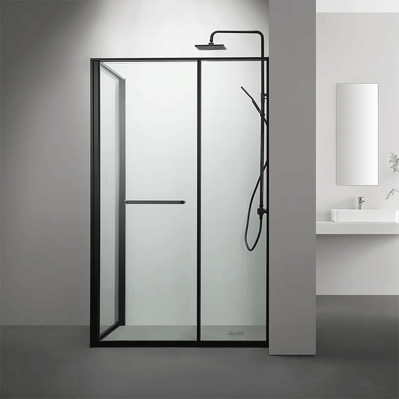 Cabine douche angle droite Gratia finition noire avec porte ouverture intérieure.