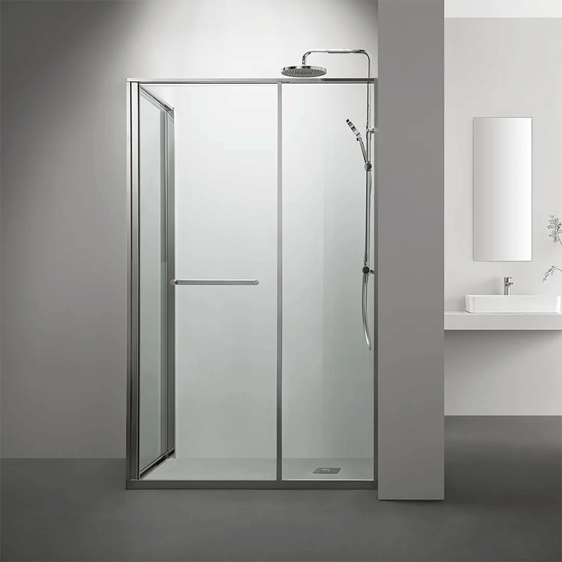 Cabine de douche d’angle droite Gratia finition Chrome avec ouverture intérieure.