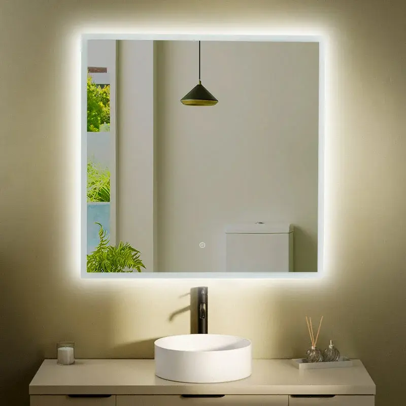 Miroir carré LED 80x80 sans cadre avec éclairage frontal et rétroéclairage – Design moderne