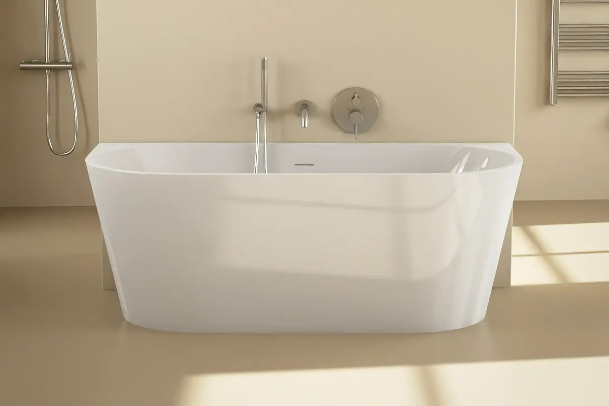 Baignoire îlot Milos sans plage en acrylique brillant, installée contre mur