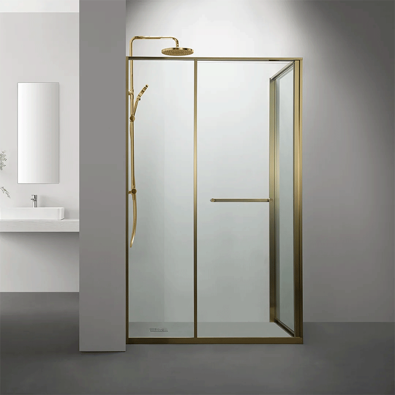 Paroi douche angle gauche Gratia finition doré brossé avec porte ouverture intérieure.