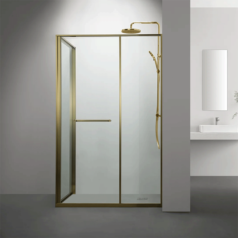 Paroi douche angle droite Gratia finition doré brossé avec porte intérieure.