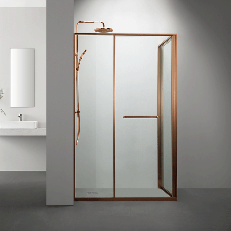 Cabine douche angle gauche Gratia finition doré rose brossé avec ouverture intérieure.