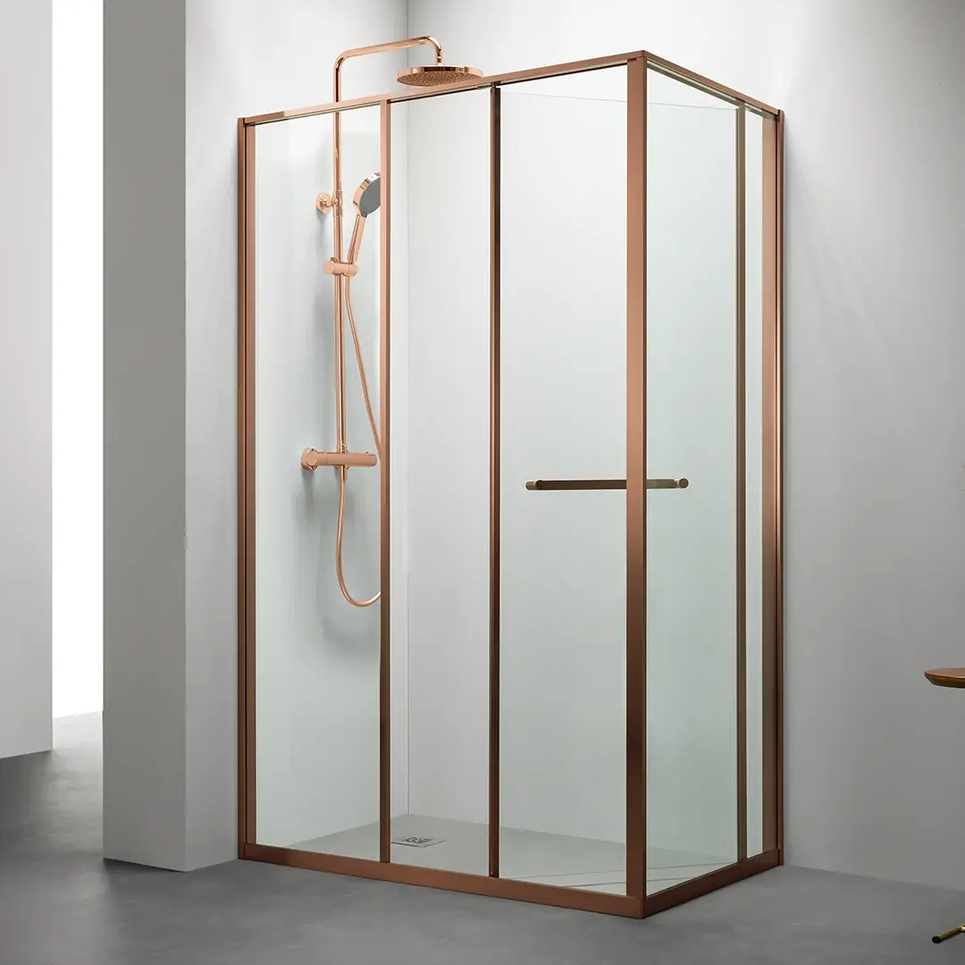 Cabine de douche d'angle Gauche, grande ouverture intérieure, Doré Rose brossé, Gratia 
