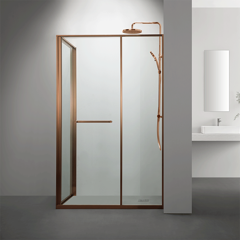 Cabine douche angle droite Gratia finition doré rose brossé avec ouverture intérieure.