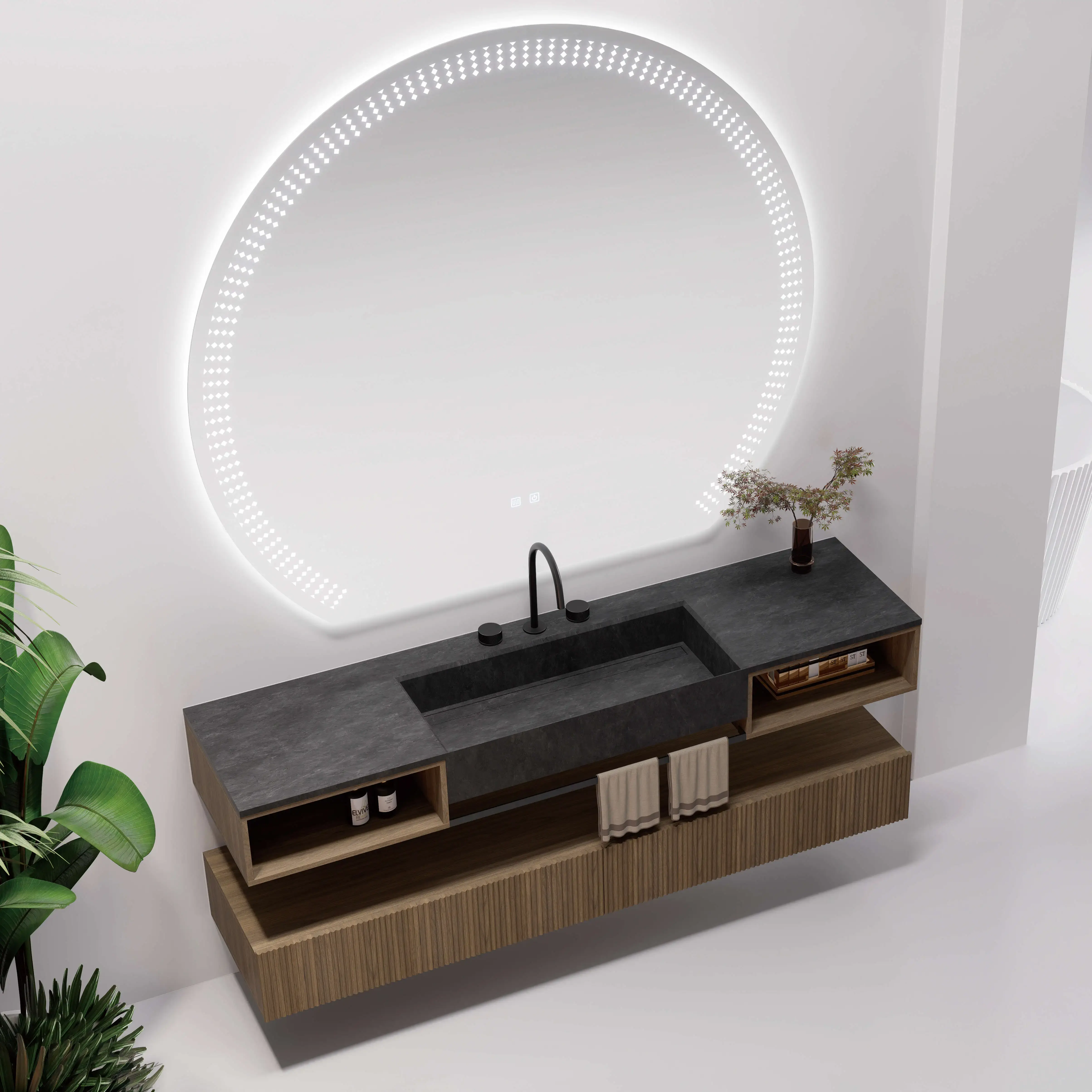 Ensemble vasque intégrée céramique sandstone 180cm, meubles bas noyer et miroir LED – Amazing