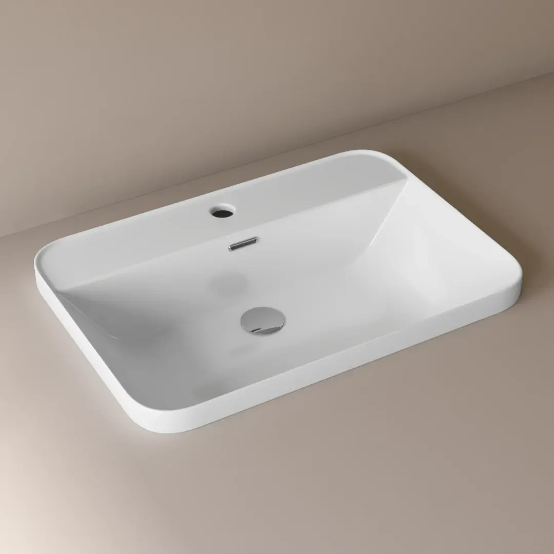 Vasque rectangulaire 60x42 cm, en céramique blanche à encastrer, avec plage de robinetterie, Fino Pisa