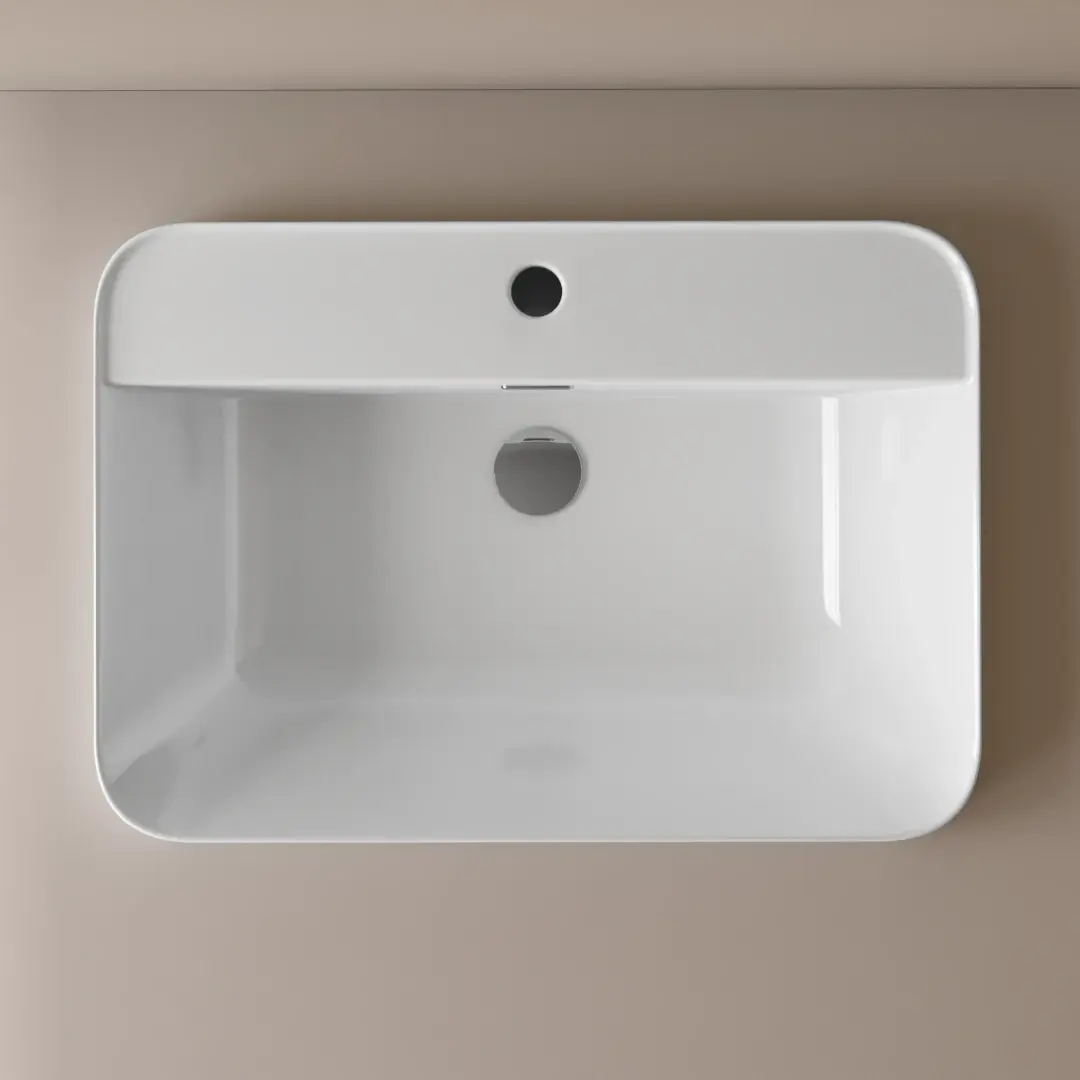 Vasque rectangulaire 60x42 cm, en céramique blanche à encastrer, avec plage de robinetterie, Fino Pisa