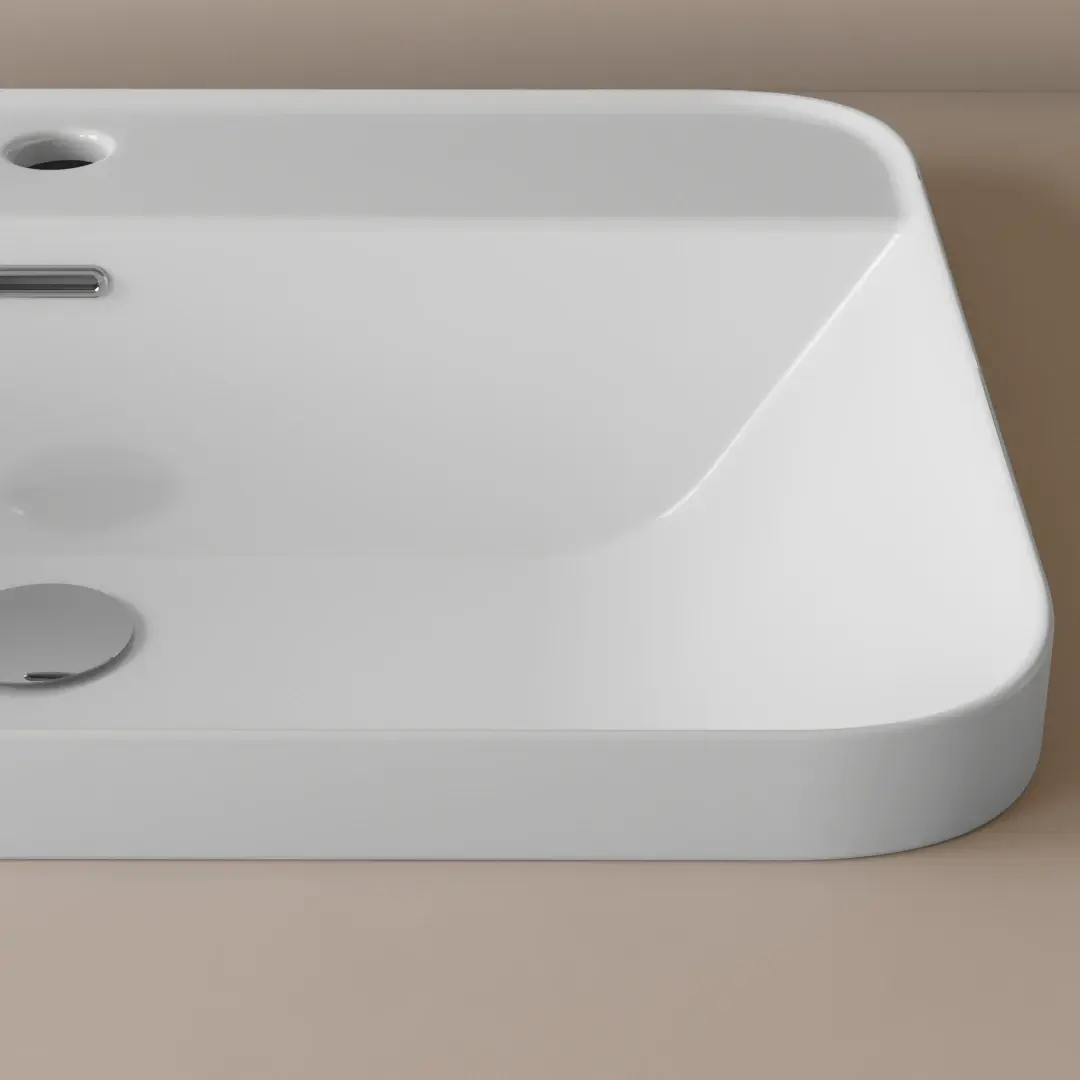 Vasque rectangulaire 60x42 cm, en céramique blanche à encastrer, avec plage de robinetterie, Fino Pisa