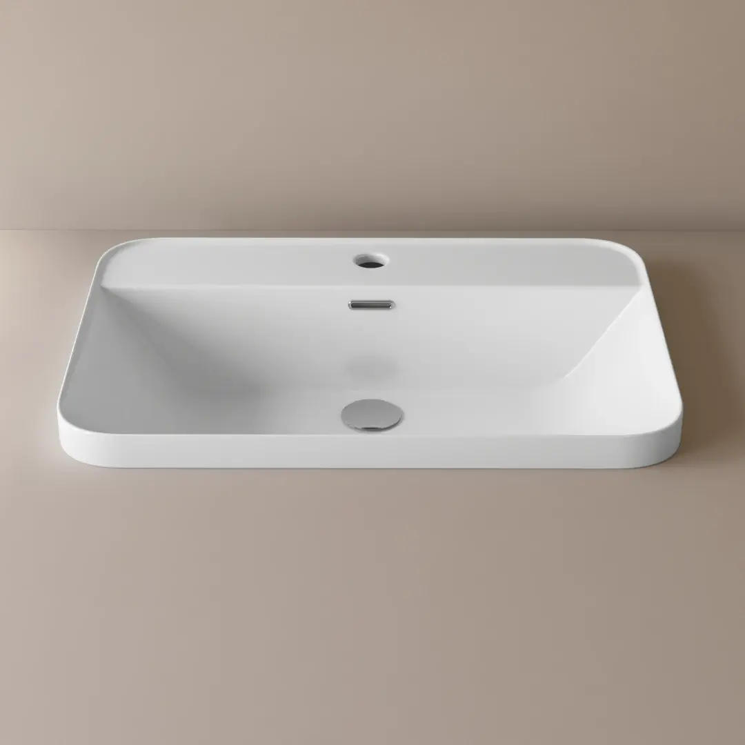 Vasque rectangulaire 60x42 cm, en céramique blanche à encastrer, avec plage de robinetterie, Fino Pisa
