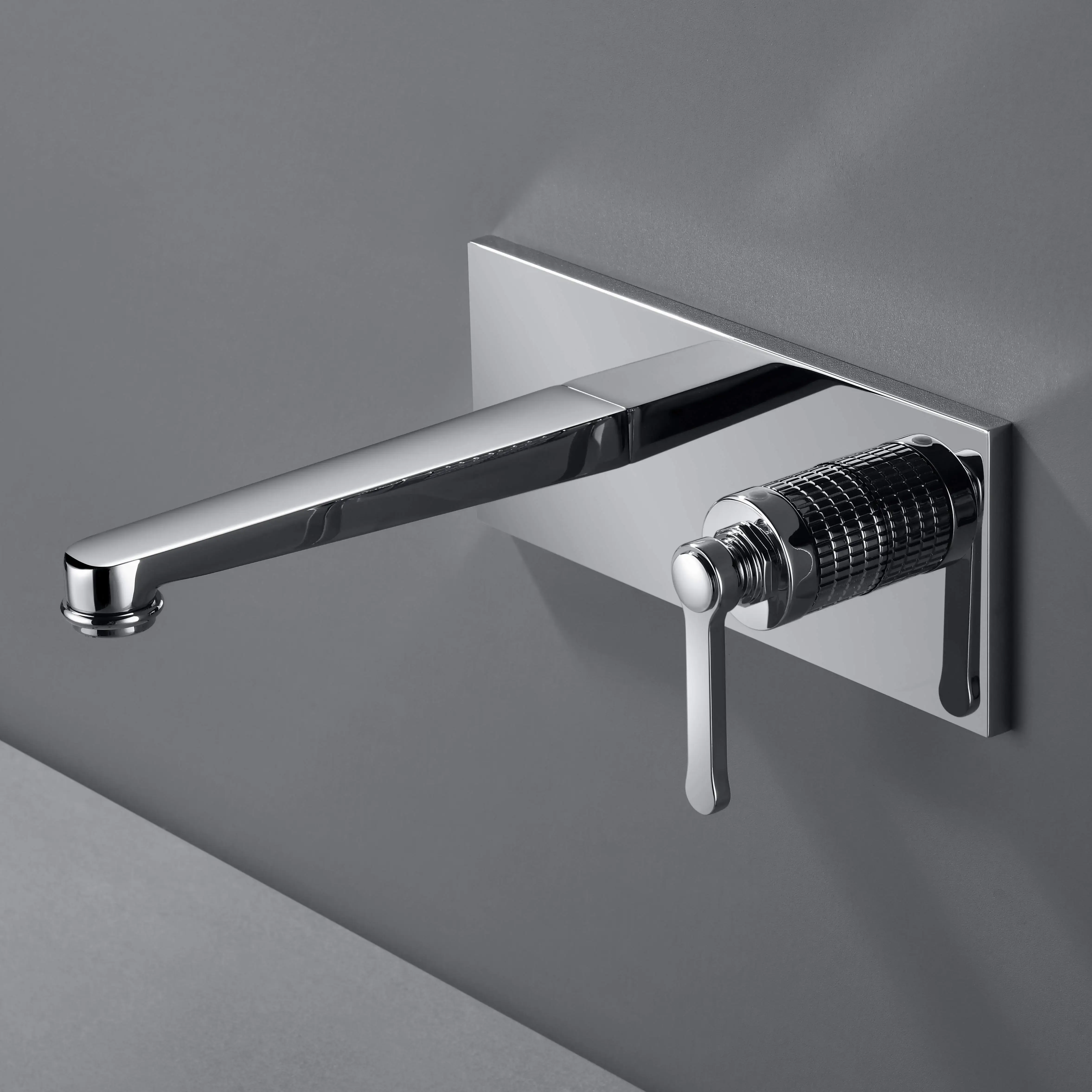 Mitigeur lavabo mural encastré cannelé César en chrome, finition miroir, design épuré avec poignée texturée, adapté aux salles de bain contemporaines.