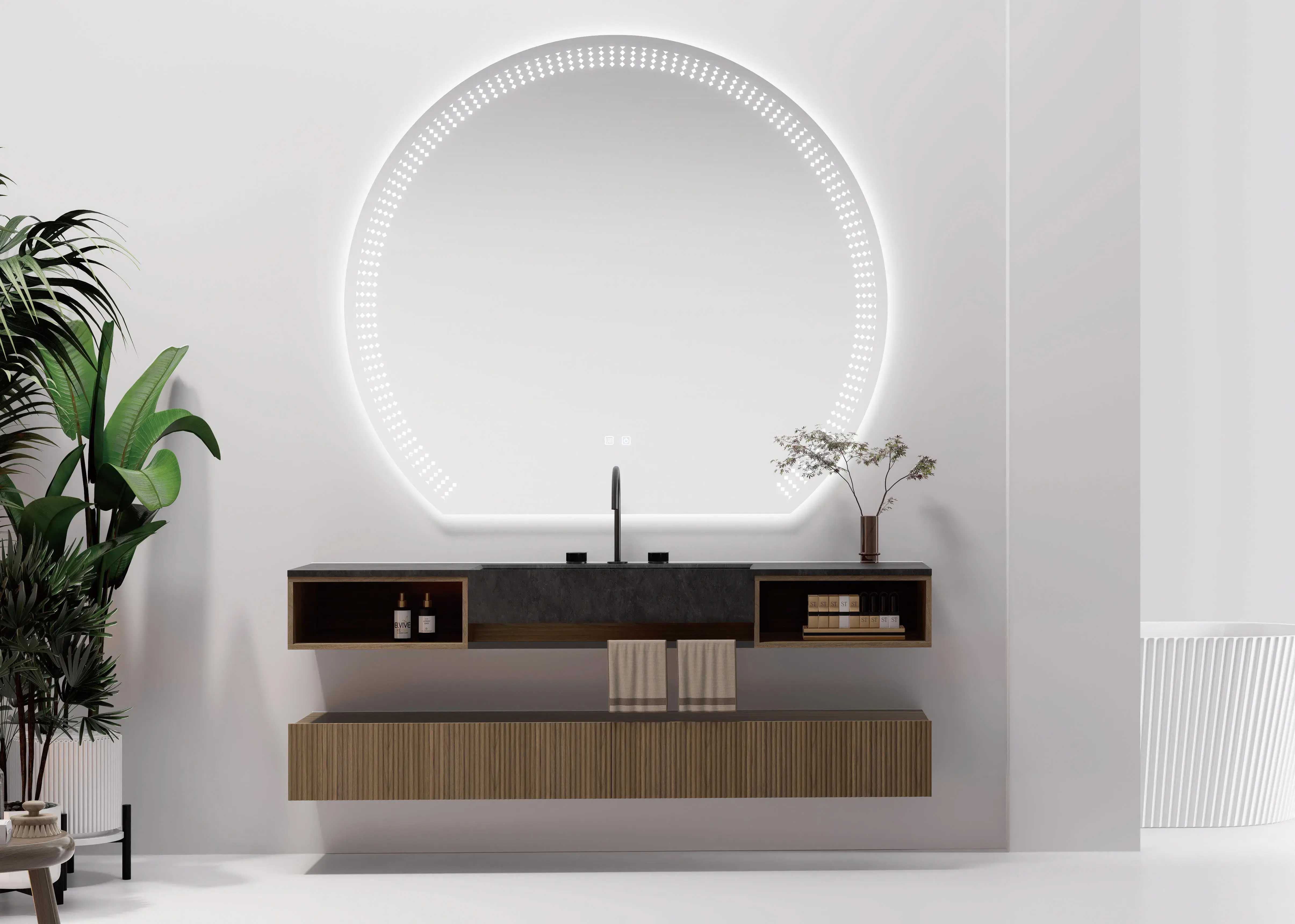 Ensemble vasque intégrée 180 cm Amazing en céramique sandstone, meubles bas suspendus en noyer fumé et miroir LED 160x140 cm – style graphique, lignes sombres et design contemporain