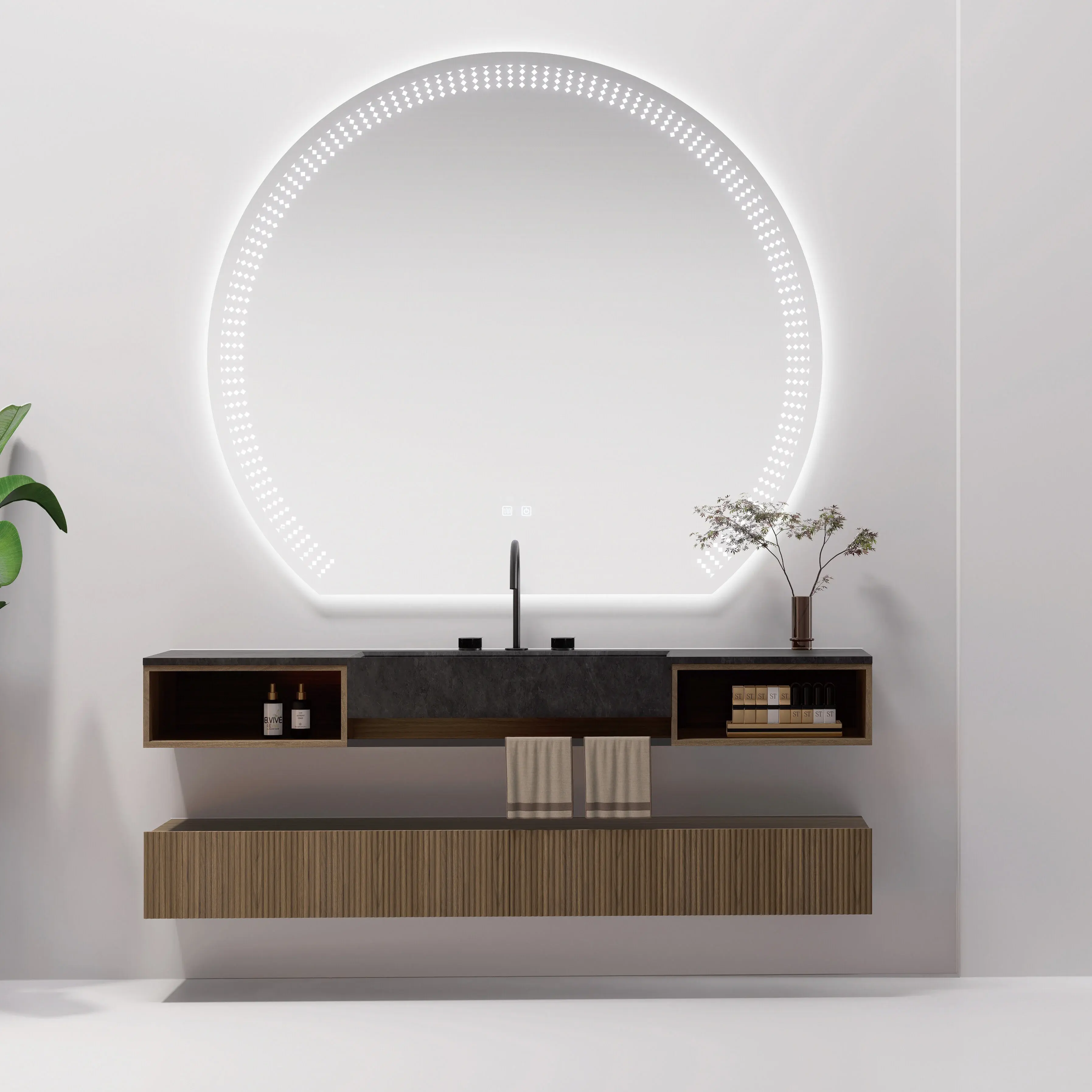 Ensemble vasque intégrée céramique sandstone 180cm, meubles bas noyer et miroir LED – Amazing
