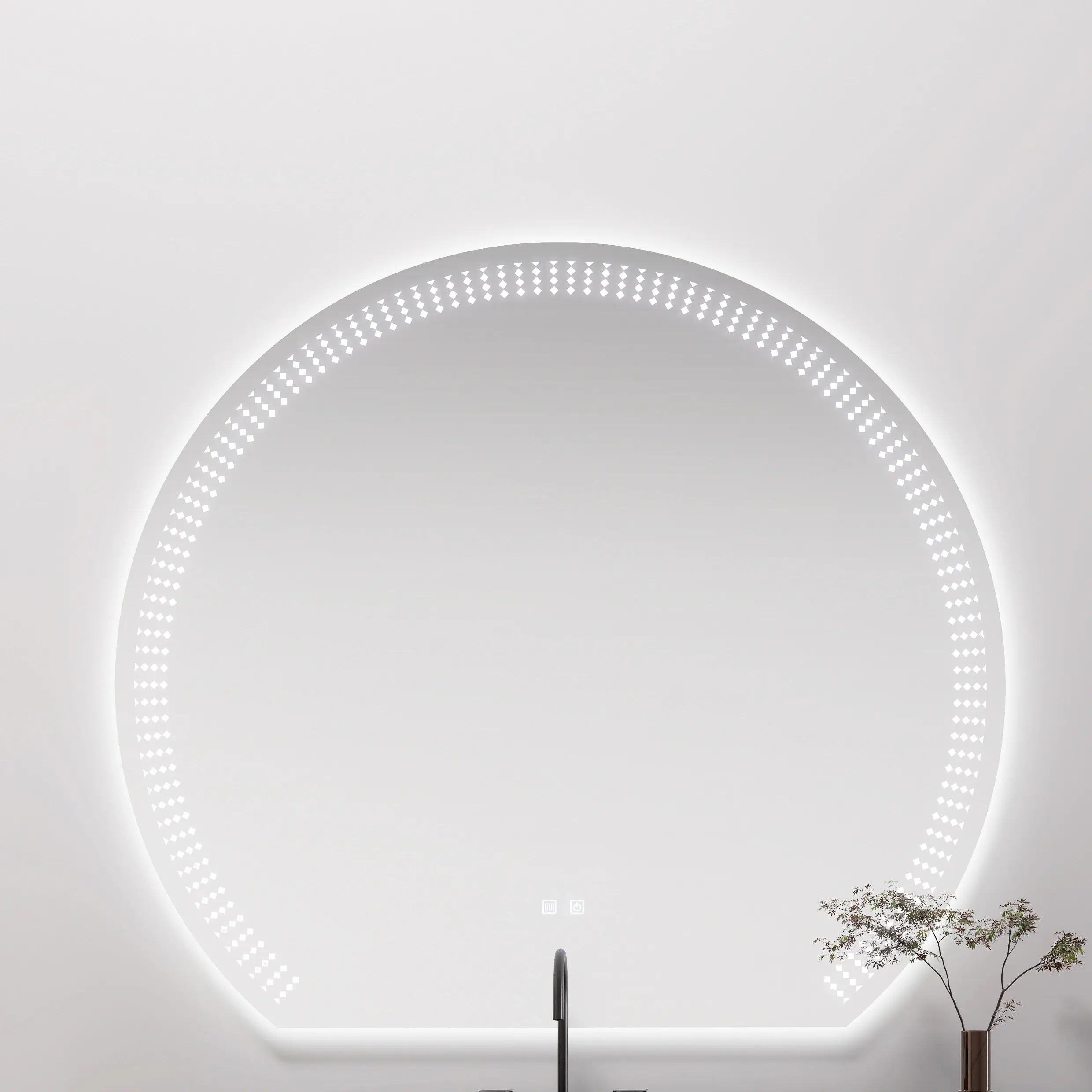 Ensemble vasque intégrée céramique sandstone 180cm, meubles bas noyer et miroir LED – Amazing