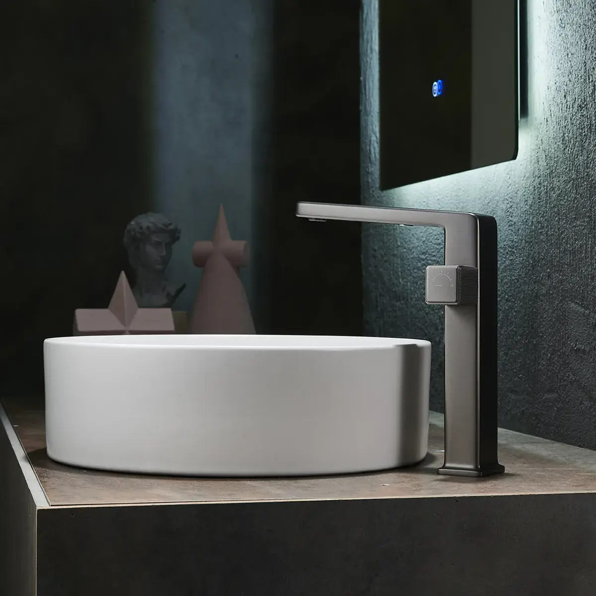 Mitigeur de lavabo manette cannelé, Surélevé, Gun métal, Star 