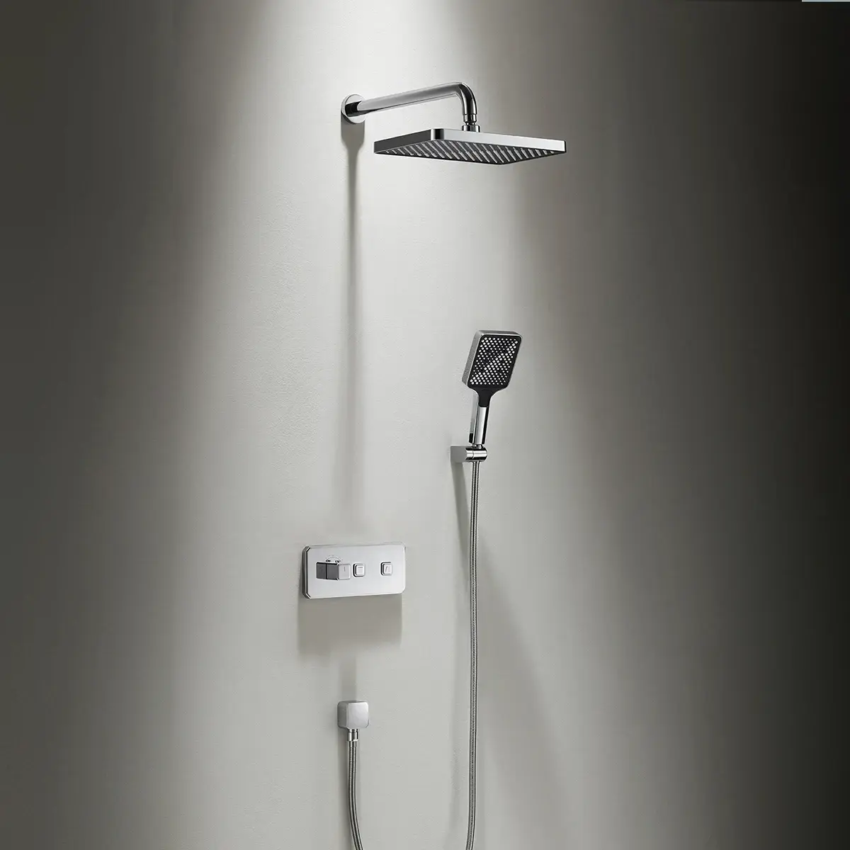 Composition de douche thermostatique encastrée Star finition chromée avec pomme de tête, douchette et manette cannelée.