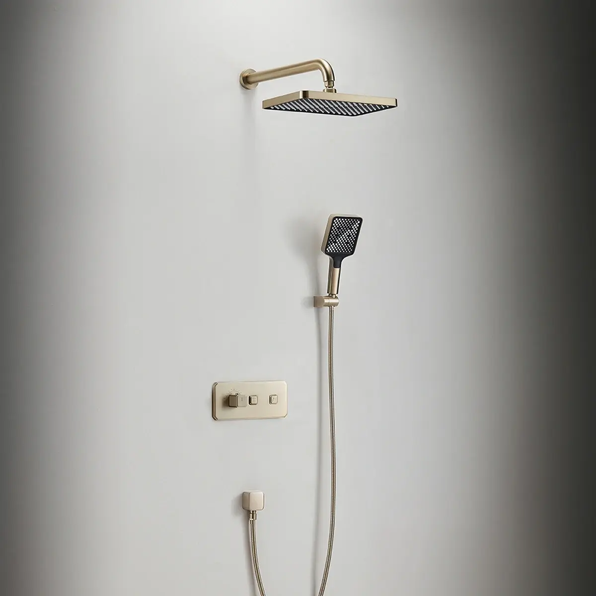 Composition de douche thermostatique encastrée Star finition Champagne avec pomme de tête, douchette et manette cannelée.