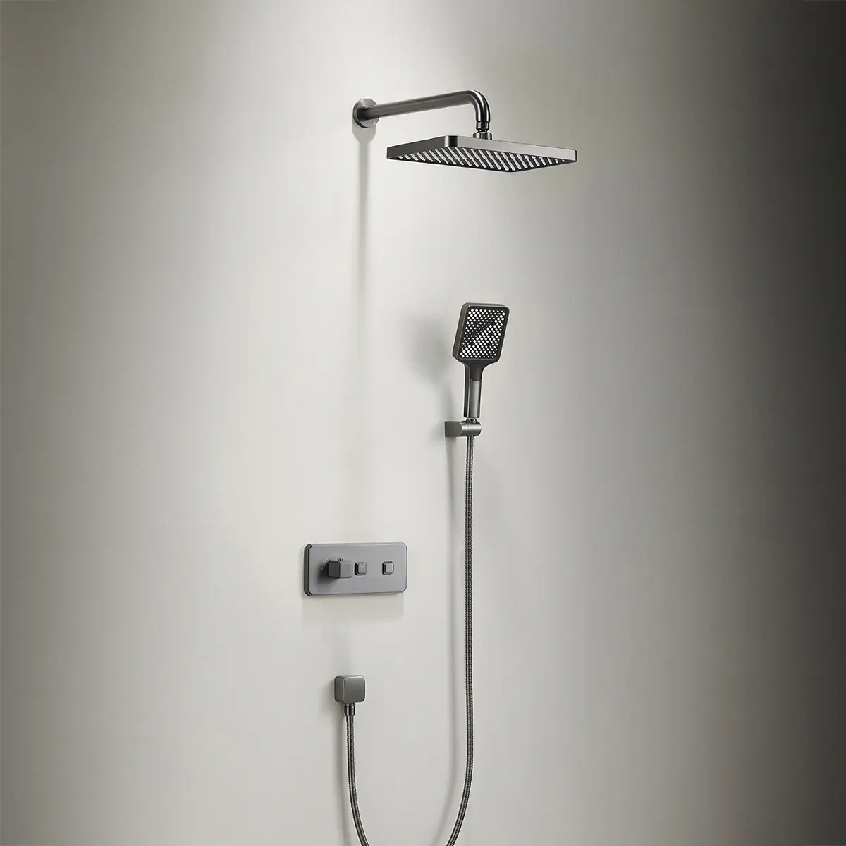 Composition de douche thermostatique encastrée Star finition Gun métal avec pomme de tête, douchette et manette cannelée.