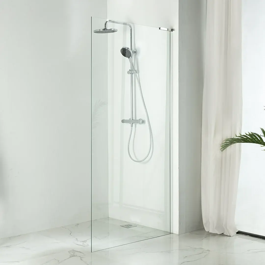Paroi de douche fixe en verre transparent avec finition chromée sans barre stabilisatrice