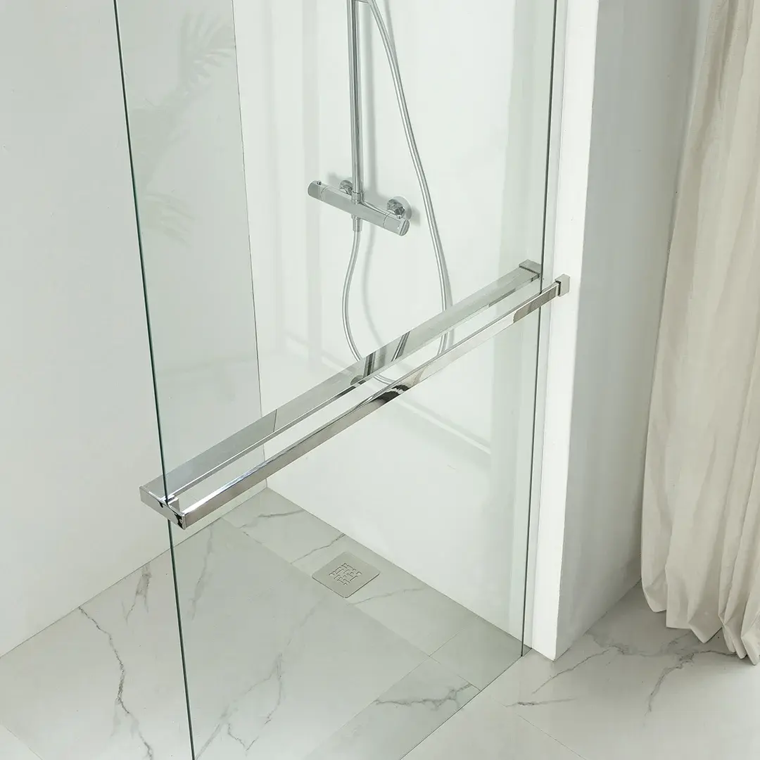 Paroi de douche fixe 60 à 160 cm, étagère et porte serviette, profilé chromé, Nauta
