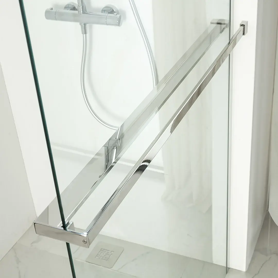 Paroi de douche fixe 60 à 160 cm, étagère et porte serviette, profilé chromé, Nauta