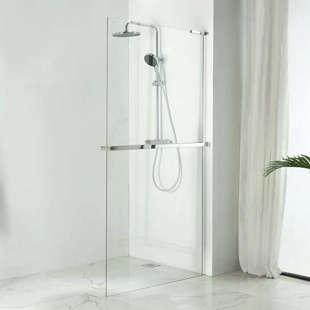 Paroi de douche fixe chromée avec porte-serviette intégré, verre anticalcaire