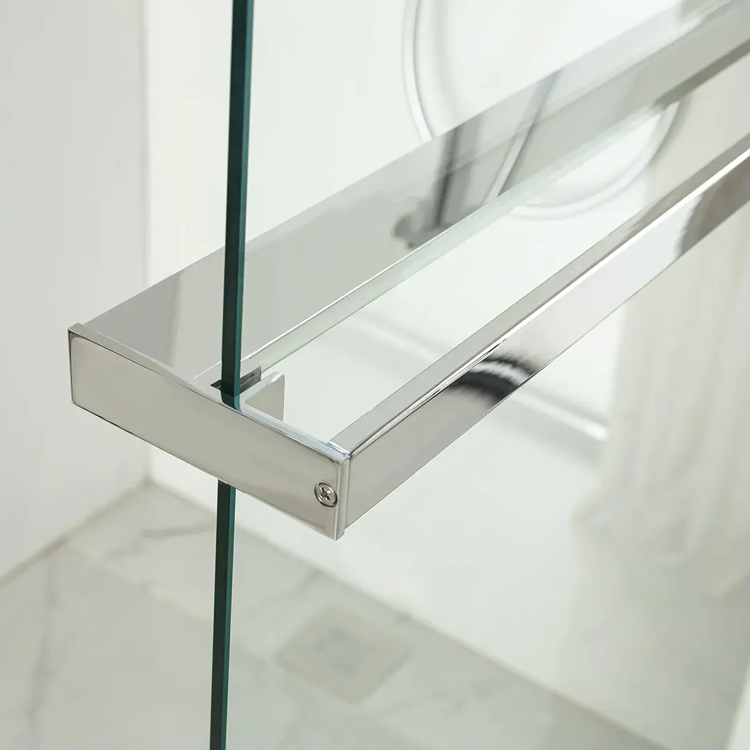 Paroi de douche fixe 60 à 160 cm, étagère et porte serviette, profilé chromé, Nauta