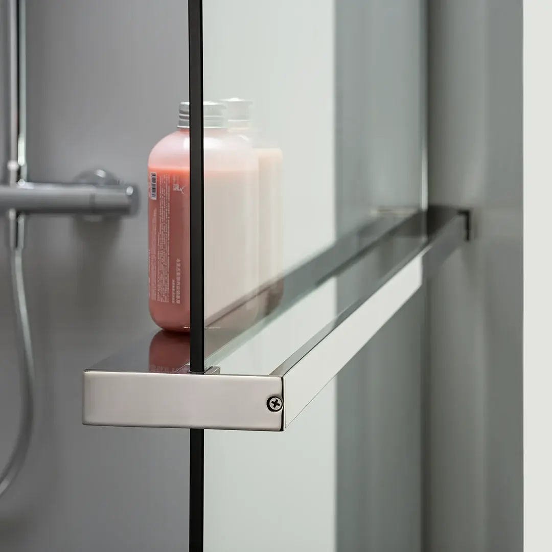 Paroi de douche fixe 60 à 160 cm, étagère et porte serviette, profilé chromé, Nauta