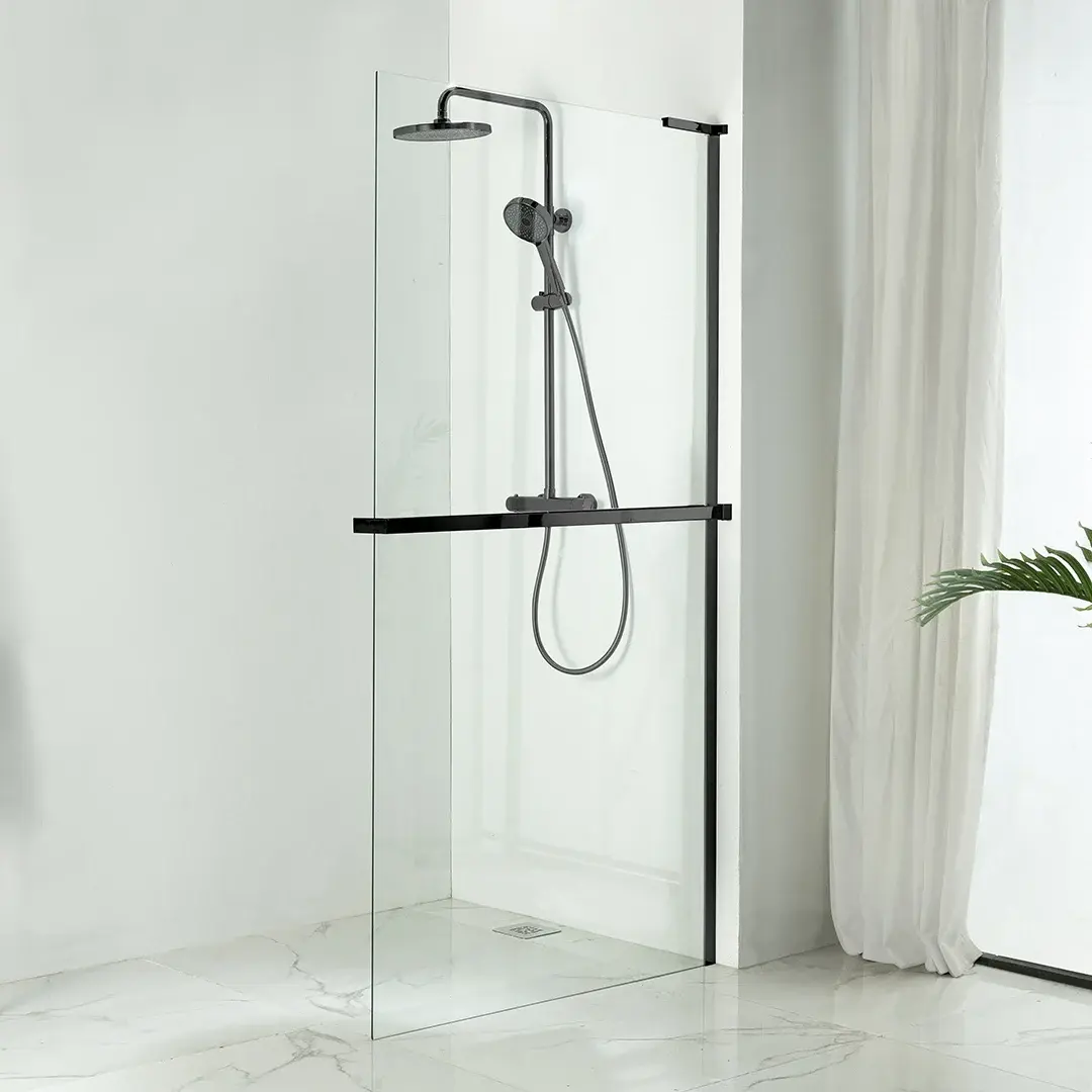 Paroi de douche fixe 60 à 160 cm, avec étagère et porte serviette, profilé noir mat, Nauta