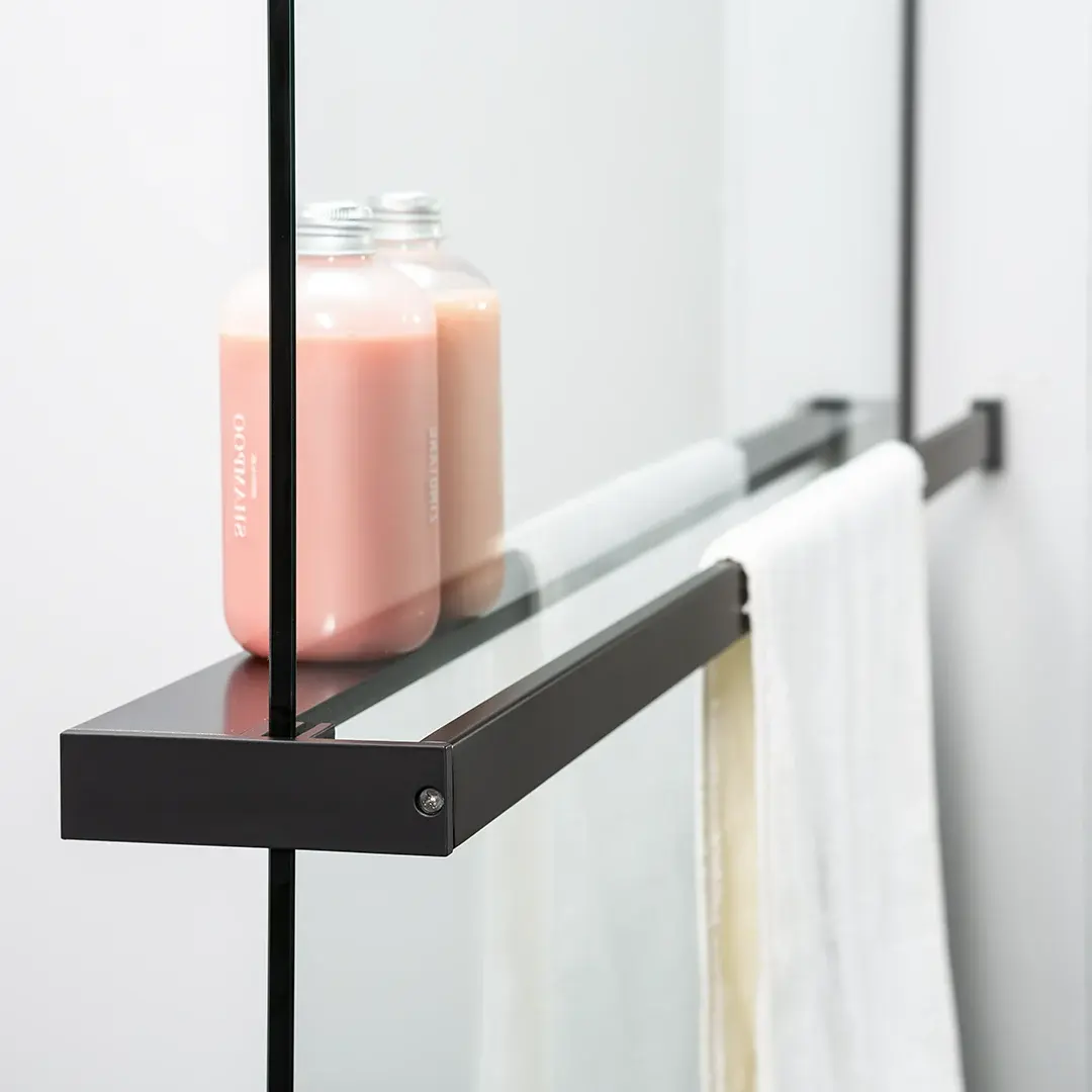 Paroi de douche fixe 60 à 160 cm, avec étagère et porte serviette, profilé noir mat, Nauta