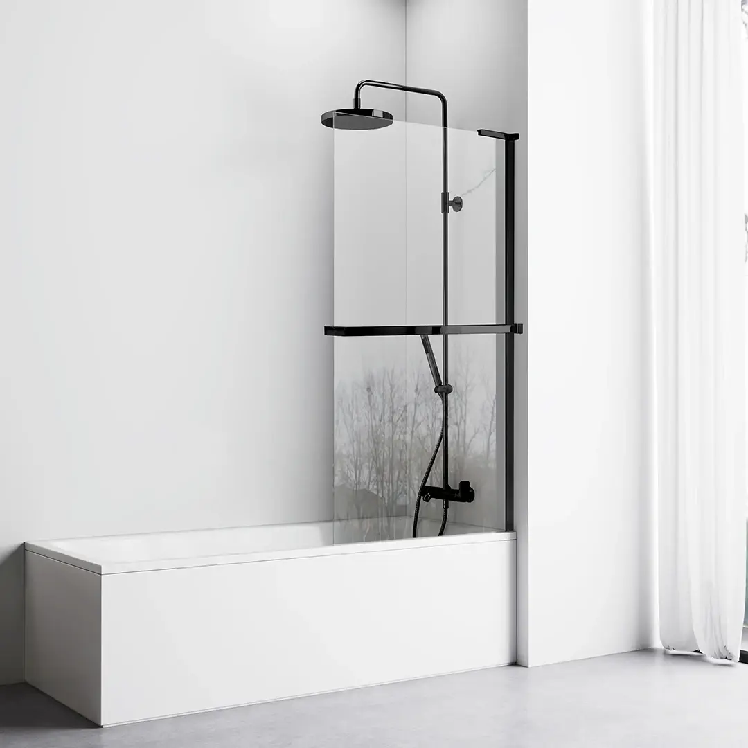 Pare bain fixe 80 cm, verre transparent, profilé noir mat, Nauta