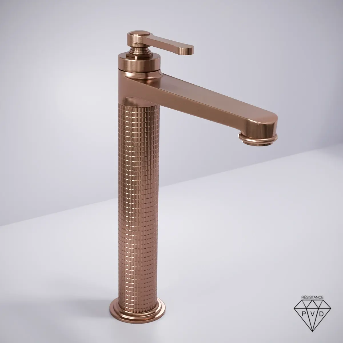 Mitigeur lavabo surélevé cannelé César en finition doré rose brossé, design moderne et élégant, poignée ergonomique et corps texturé pour une touche luxueuse dans la salle de bain.