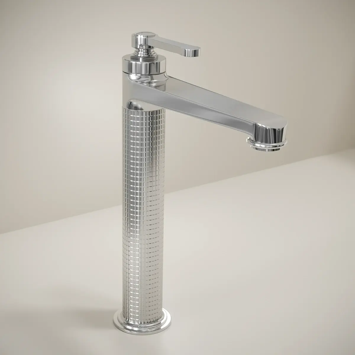 Mitigeur lavabo surélevé cannelé César en chrome, finition brillante et miroir, corps texturé, design minimaliste et poignée fine pour une salle de bain contemporaine.