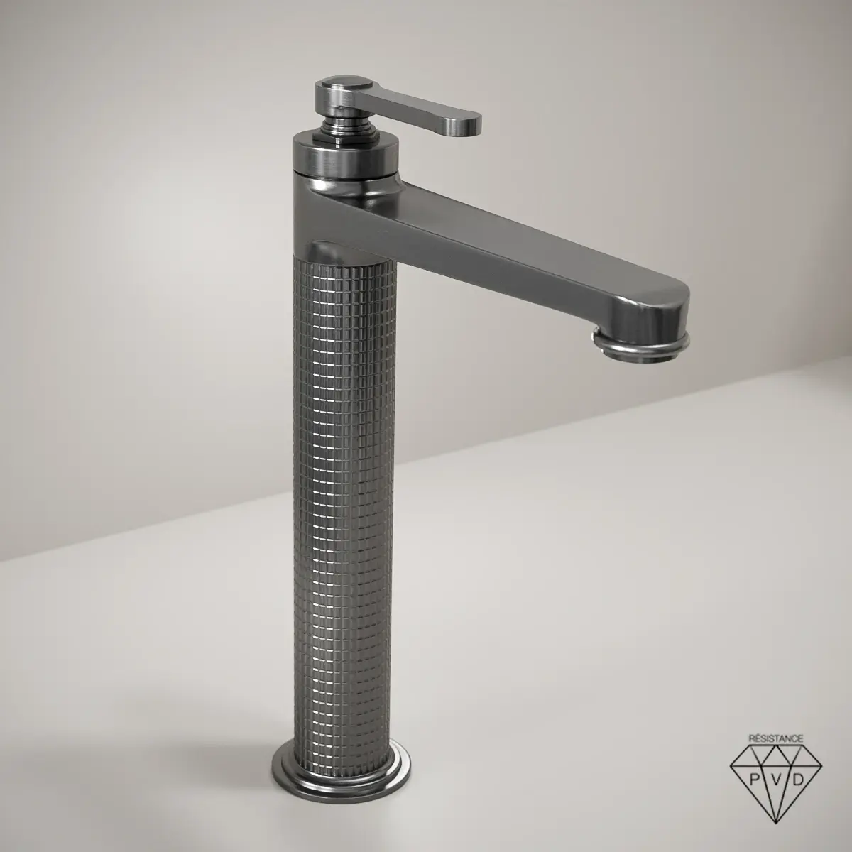 Mitigeur lavabo surélevé cannelé César en gun métal mat, finition élégante et moderne, corps texturé, poignée fine, idéal pour une salle de bain au style contemporain.