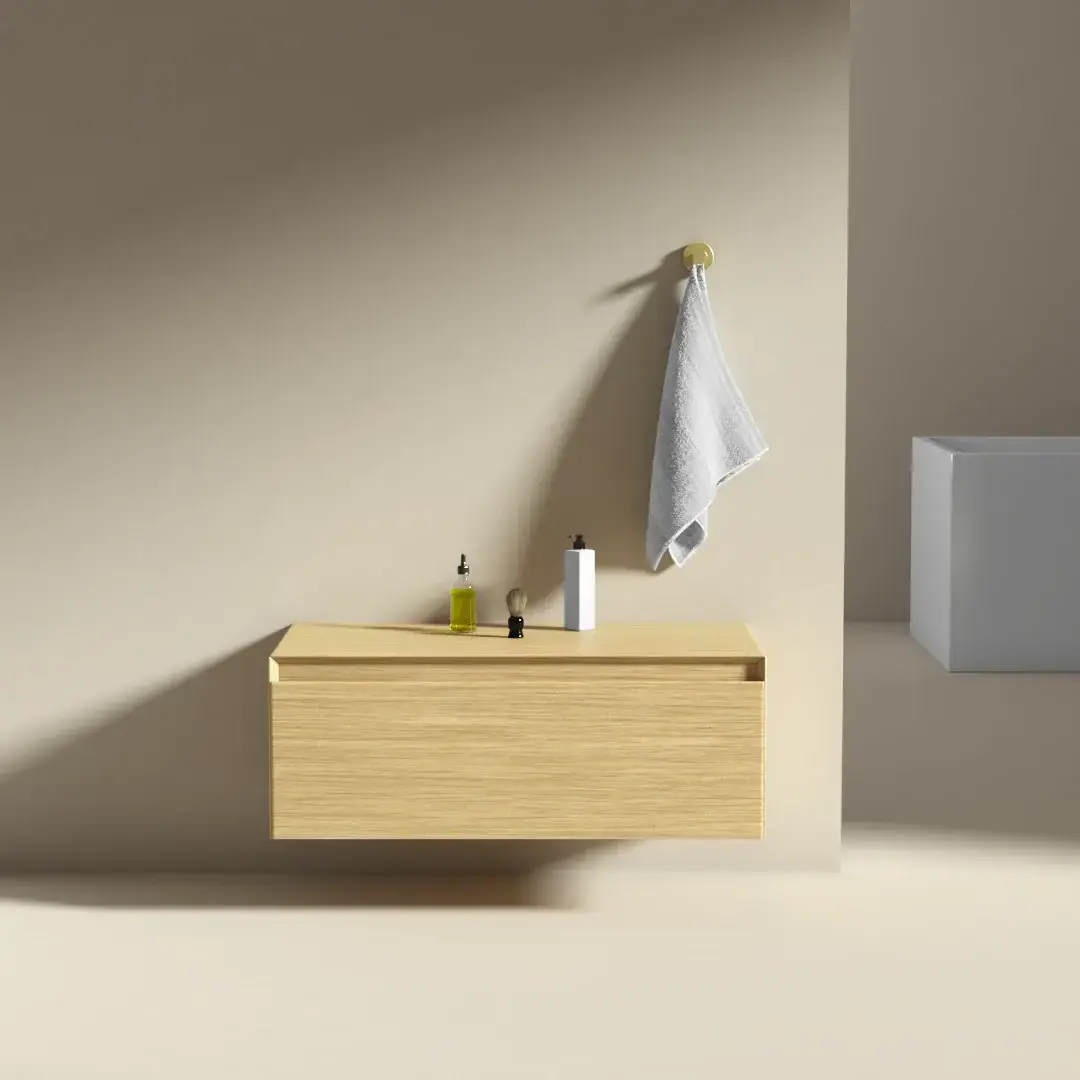 Meuble bas mural Aurélien en chêne véritable 80x40x30 cm avec un tiroir de rangement, design moderne et minimaliste.