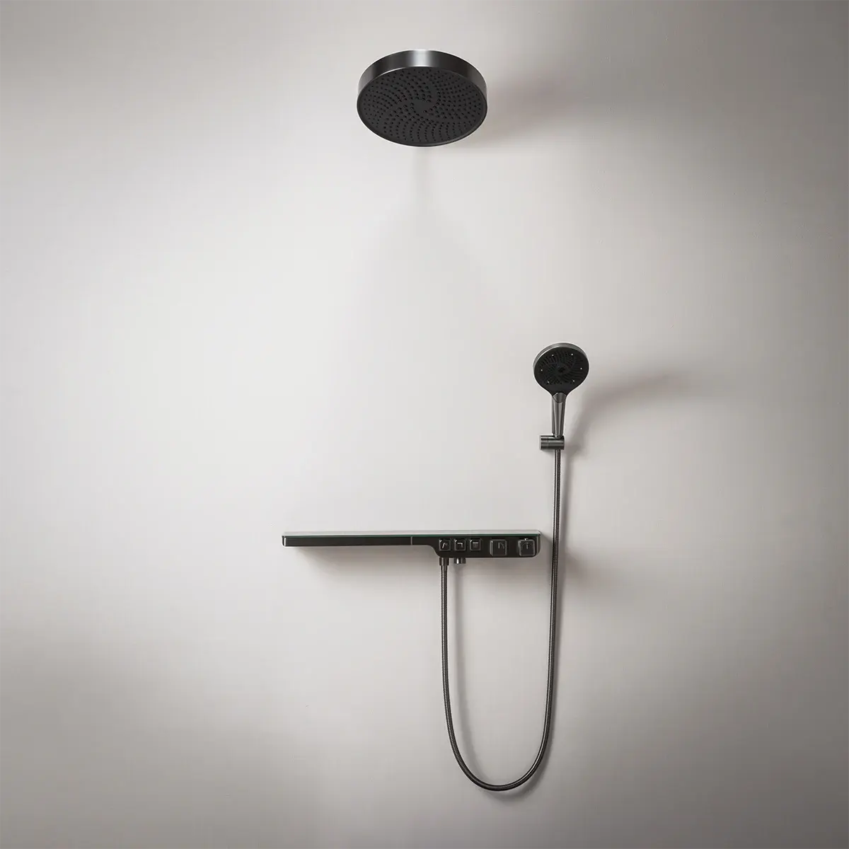 Composition de douche encastrée Bruma Gun métal avec tête pluie et douchette design.