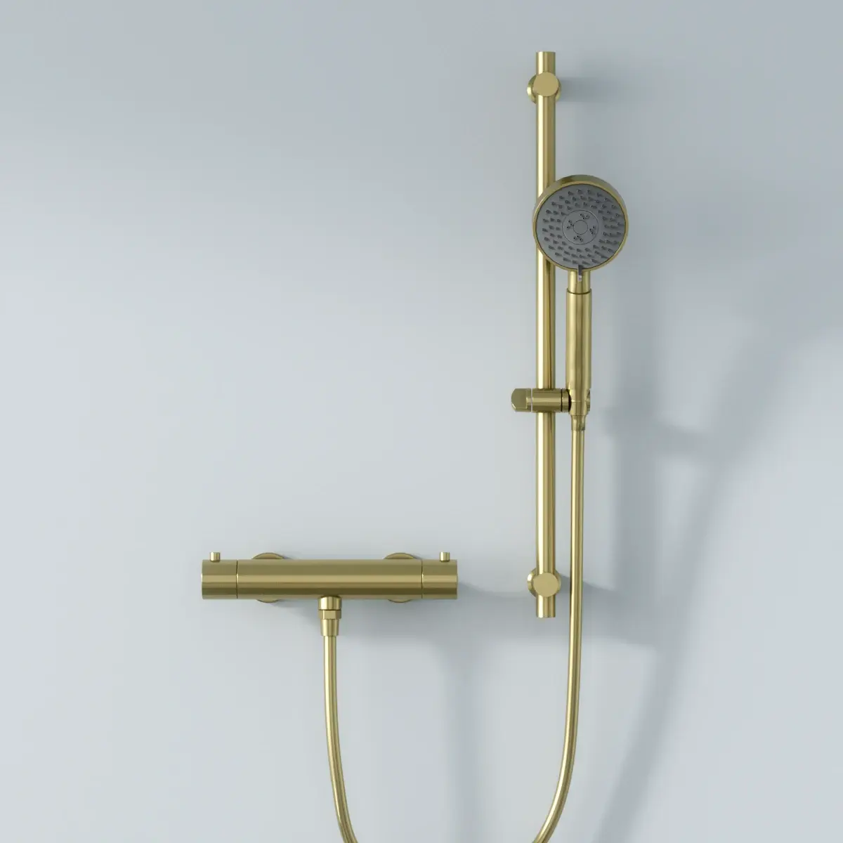 Robinet mitigeur thermostatique de douche doré brossé avec barre et douchette ronde, Châtelet III