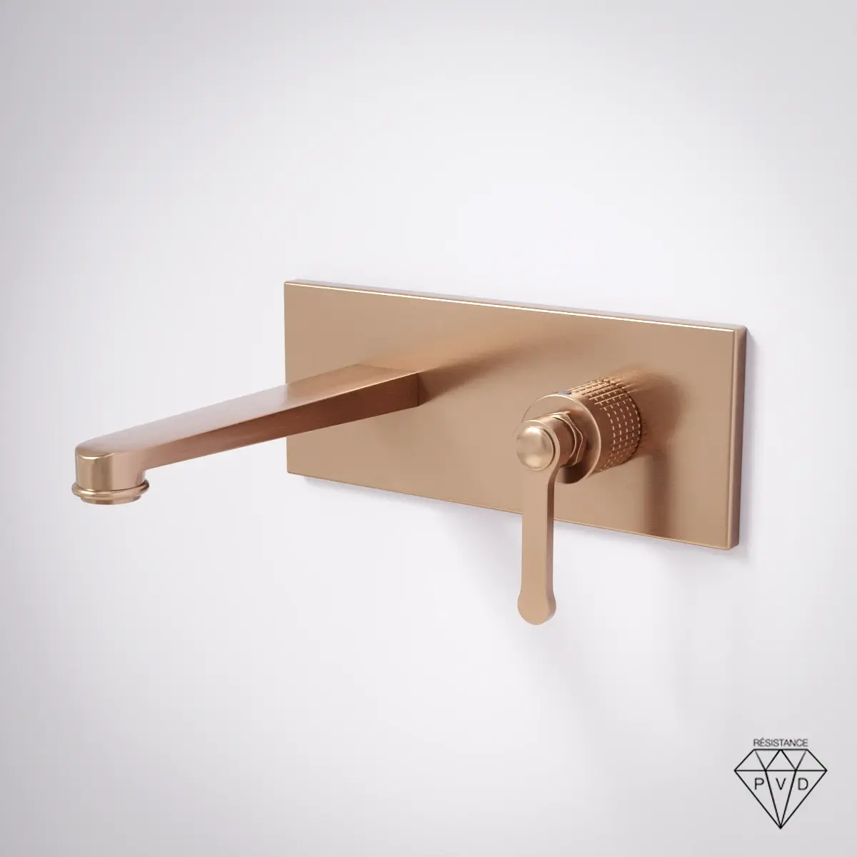 Mitigeur lavabo encastré mural cannelé César en doré rose brossé, design moderne avec poignée texturée et plaque rectangulaire, idéal pour une salle de bain élégante.