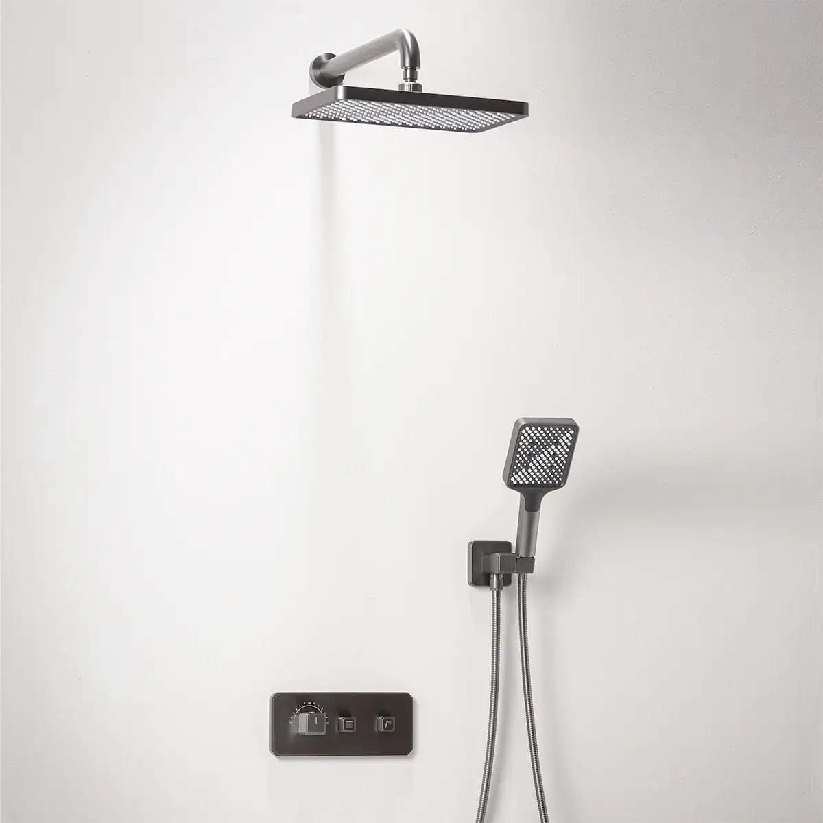 Composition de douche thermostatique encastrée Star finition Gun métal avec pomme de tête, douchette et manette cannelée.