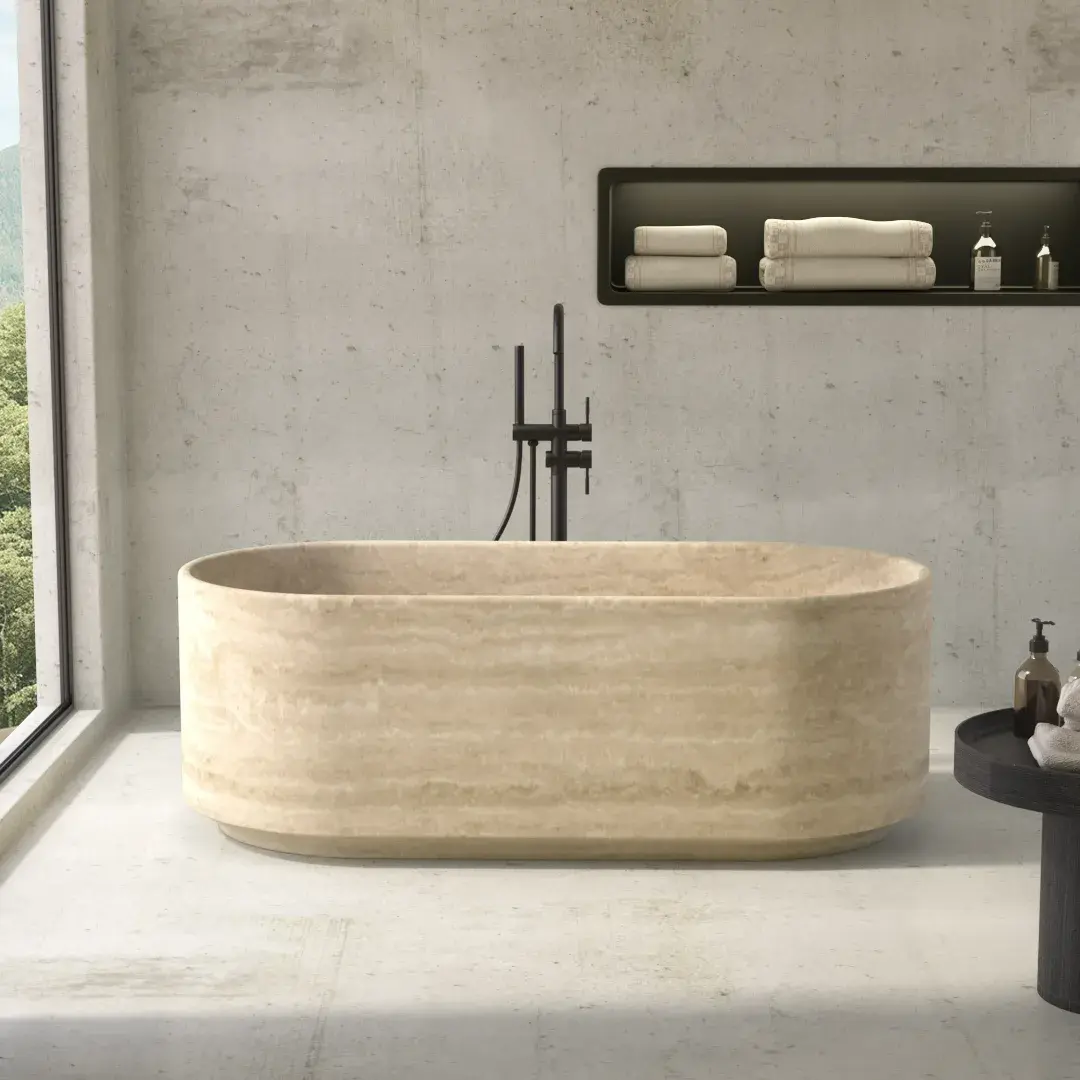 Baignoire îlot, pierre naturelle Travertin beige,170x80, Caïques