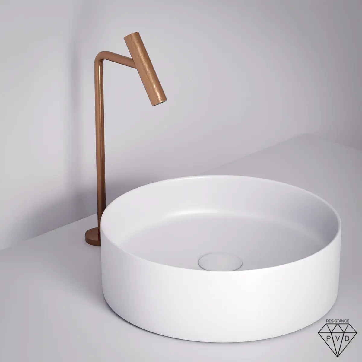 Mitigeur lavabo 2 trous hauteur surélevée doré rose brossé Honfleur - silhouette haute et fine avec bec tubulaire moleté, finition cuivrée satinée subtilement rosée, pensé pour les vasques à poser et les salles de bain haut de gamme