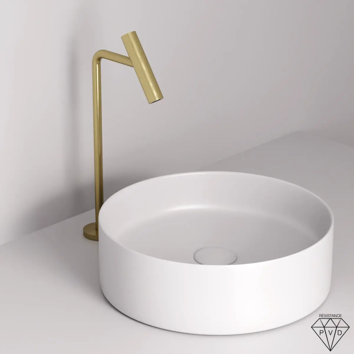 Mitigeur lavabo 2 trous hauteur surélevée doré brossé Honfleur - design élancé avec bec cylindrique allongé et texture moletée distinctive, idéal pour vasques posées, finition en laiton doré brossé alliant modernité et élégance artisanale