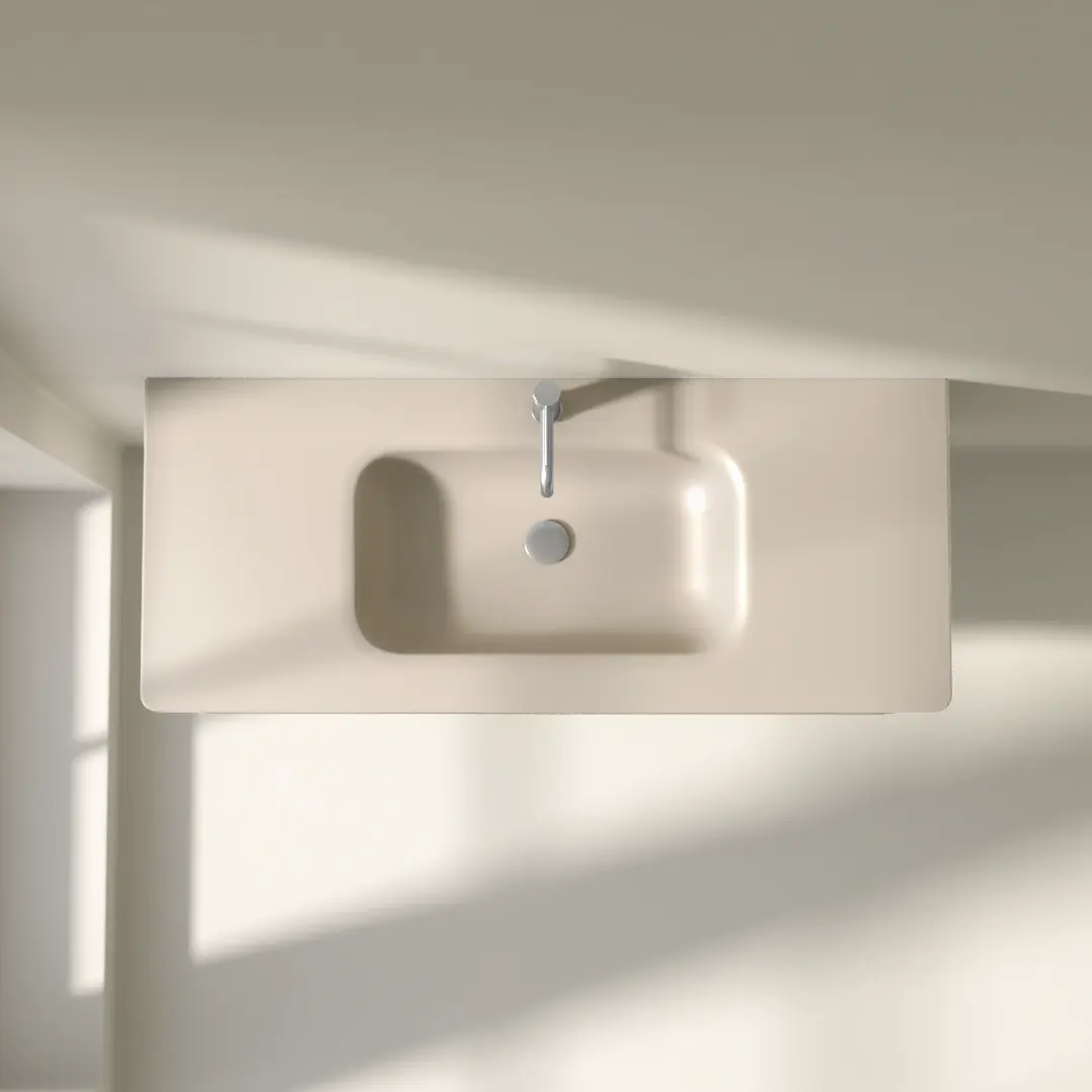 Meuble suspendu beige, 120 cm, avec plan vasque encastré en verre, Panthéon