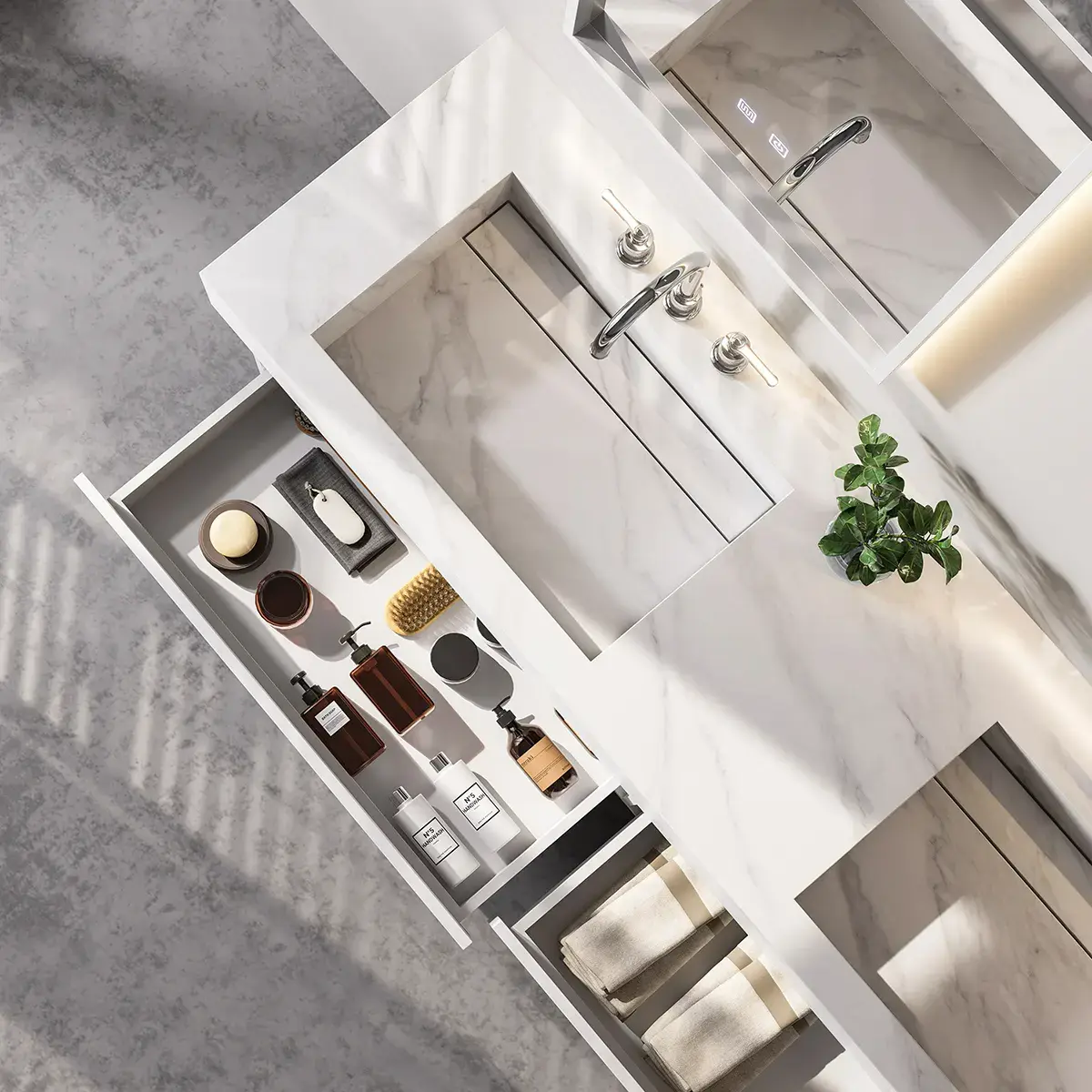 Ensemble double vasque, Pierre de synthèse Carrara mat 180cm – Riviera
