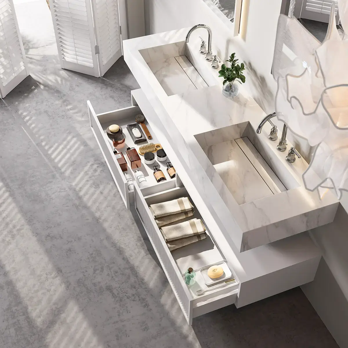 Ensemble double vasque, Pierre de synthèse Carrara mat 180cm – Riviera