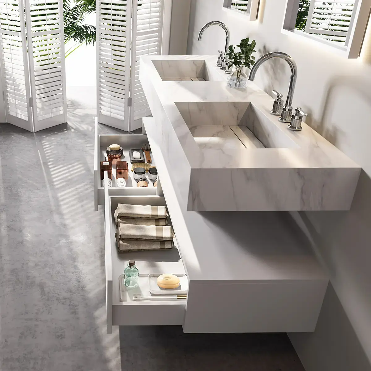 Ensemble double vasque, Pierre de synthèse Carrara mat 180cm – Riviera