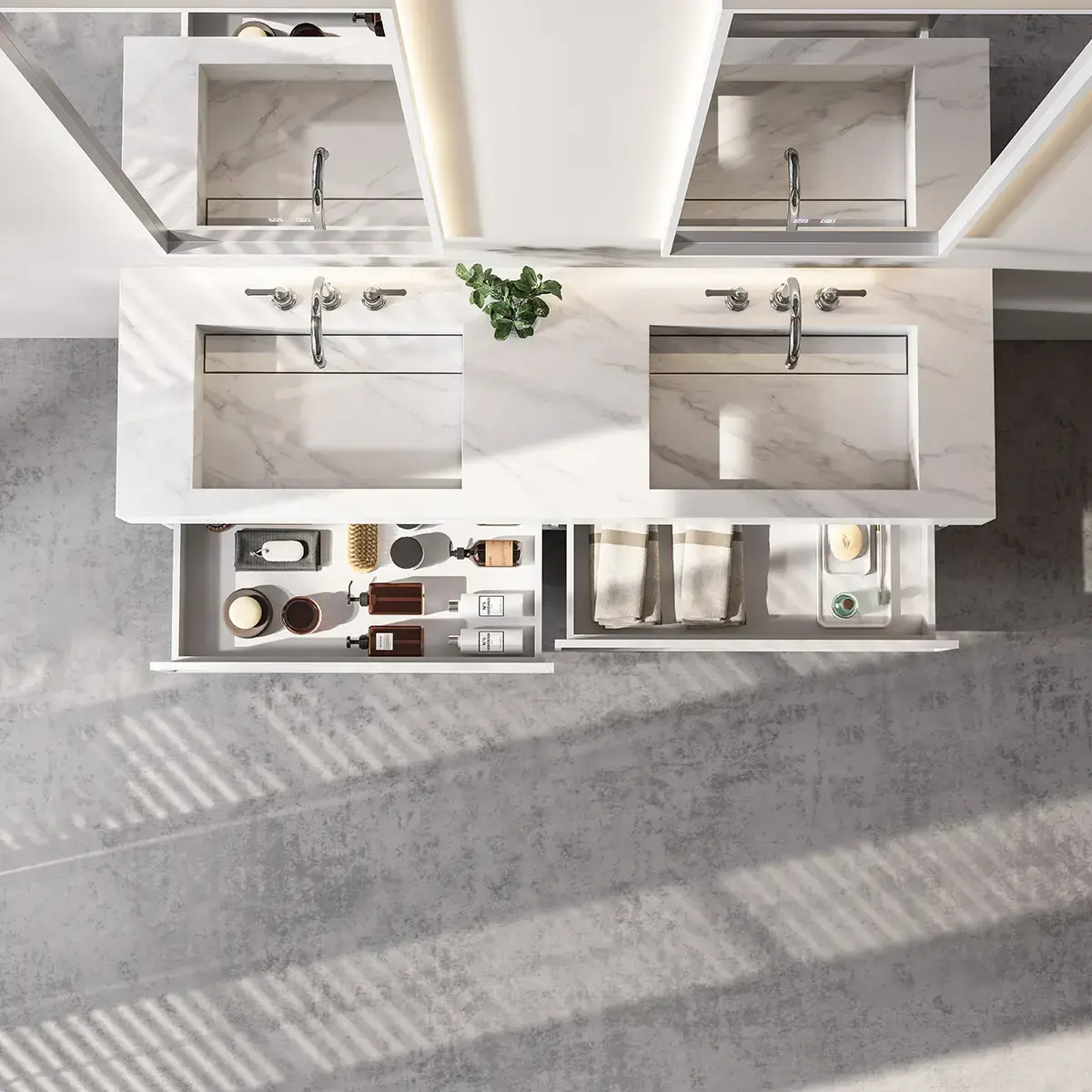 Ensemble double vasque, Pierre de synthèse Carrara mat 180cm – Riviera